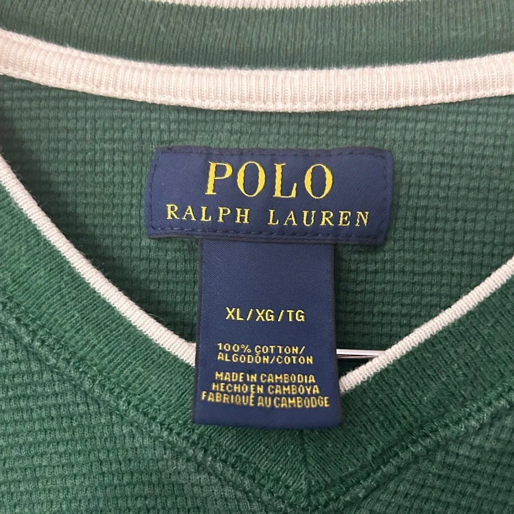 Polo Ralph Lauren Shirt Mens XL Green Thermal Waffle Knit V-Neck Cotton Pony